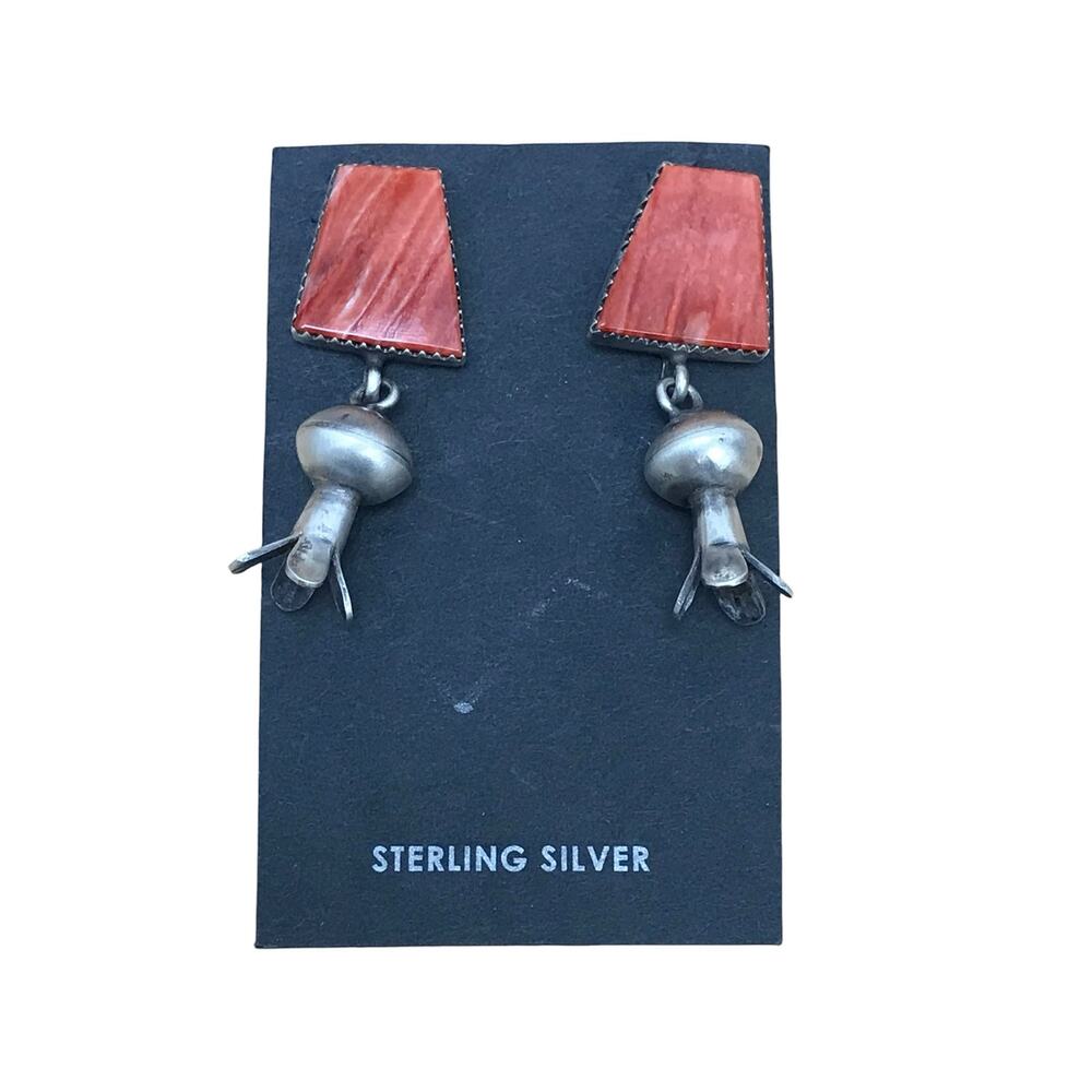 Vintage Coral Sterling Silver Squash Blossom Pierced Earrings Navajo Native 9g